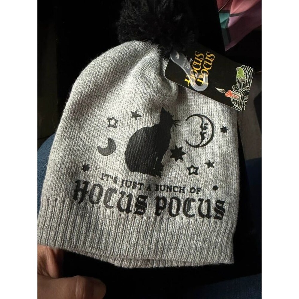 Disney Hocus Pocus Grey Beanie Black Pom - NWT
